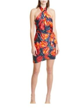 Cinq à Sept Trini satin floral halter neck mini wrap dress Size 8